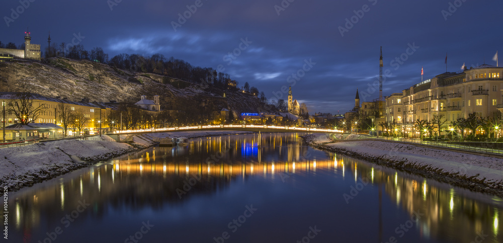 golden bridge above the river in twilight time in Salzburg in Austria