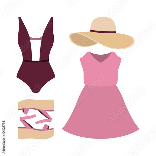 Set of trendy women's clothes. Outfit of woman swimsuit, dress and accessories. Women's wardrobe. Vector illustration