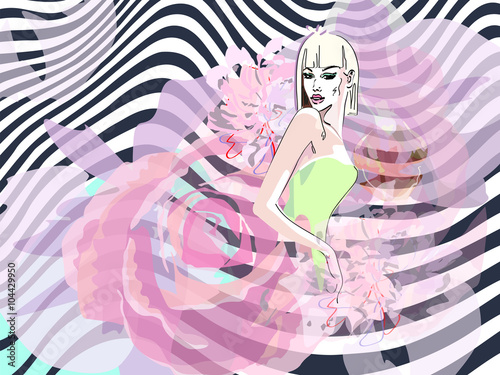 Abstract portrait of a model (girl)  in a green dress with pink flowers on a striped background, fragrance, fashion, floral print