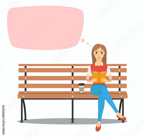 Young woman reading book on the bench.  Rest and outdoor quiet time. Vector illustration. Speech bubbles