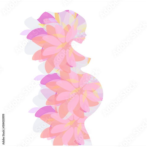 vector icon of pregnant party women belly lady silhouette,  stylized symbol, abstract flower background