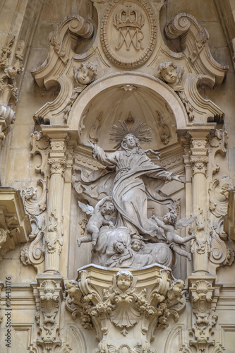 Architectural details, sculptures and ornaments of the Basilica of Santa Maria del Coro in San Sebastian (Donostia), Basque Country, Spain