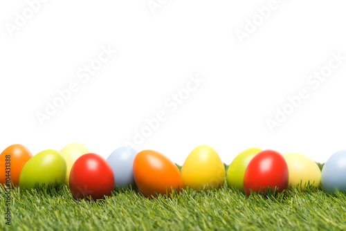 Colourful easter eggs on grass as template
