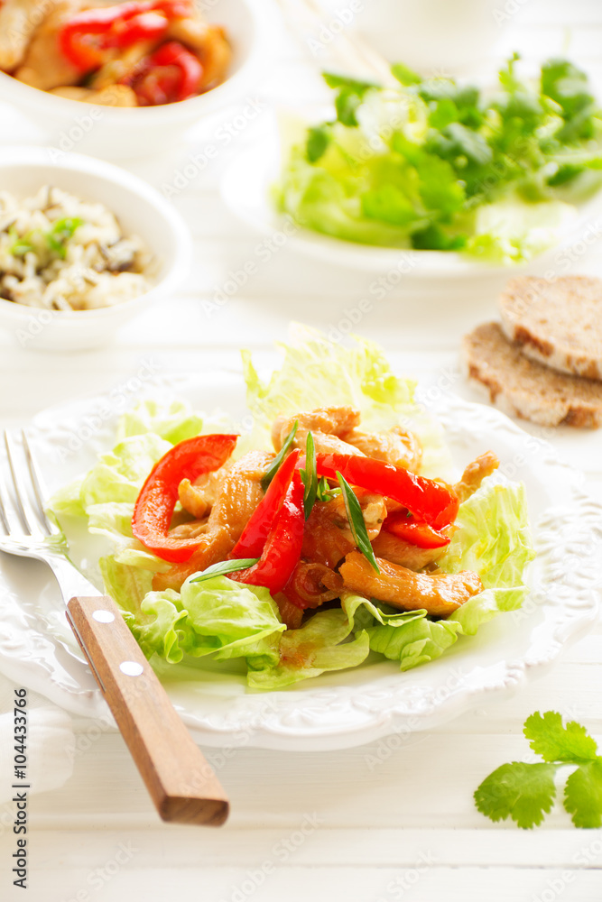Roast chicken with vegetables and salad. Roast chicken with vegetables and salad.