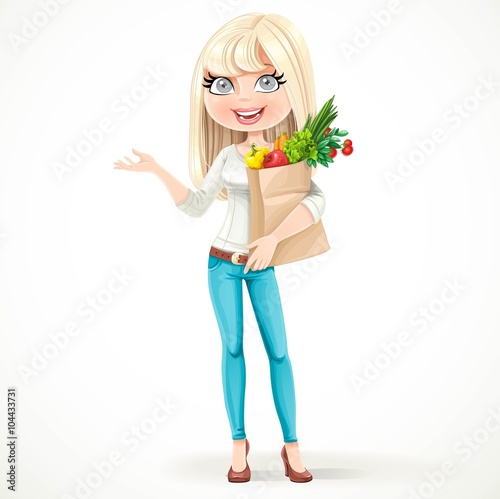 Cute blond girl with paper bag fresh fruits and vegetables stand