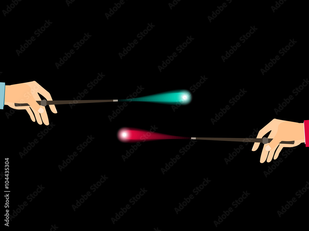 Magic wand. Hand holding a wand on a black background. Magical flash. Vector illustration. Magic wand. Hand holding a wand on a black background. Magical flash. Vector illustration.