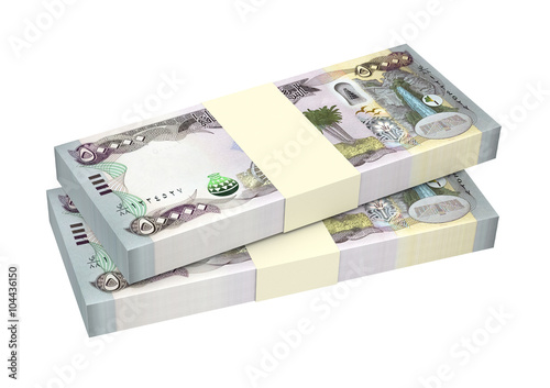 Iraqi dinars bills isolated on white background. Computer generated 3D photo rendering.