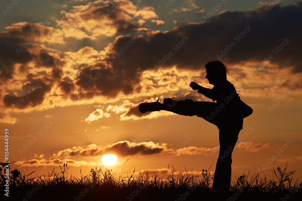 Man practicing karate on the grassy horizon at sunset. Karate kick leg. Art of self-defense. Silhouette on a background of dramatic clouds at sunset.