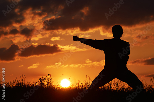 Man practicing karate on the grassy horizon at sunset. A blow with the fist, Uraken Uchi. Art of self-defense. Silhouette on a background of dramatic clouds at sunset.