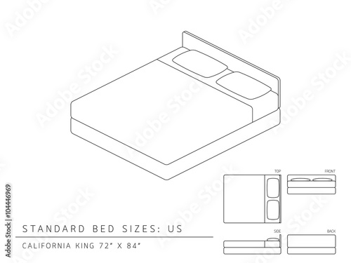 Standard bed sizes of us (United States of America) California King size 72 x 84 inches perspective 3d isometric with dimension top front side and back view illustration outline set black and white