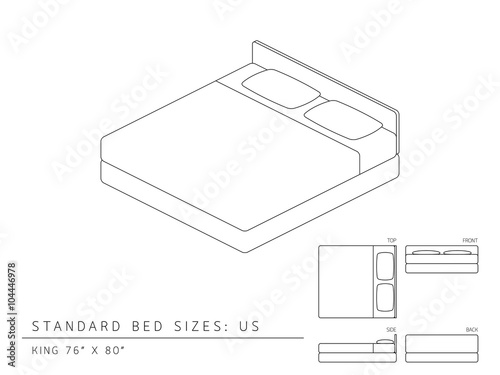 Standard bed sizes of us (United States of America) King size 76 x 80 inches perspective 3d isometric with dimension top front side and back view illustration outline set black and white color
