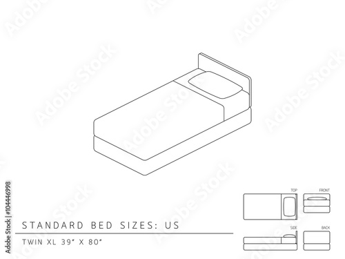 Standard bed sizes of us (United States of America) Twin XL size 39 x 80 inches perspective 3d isometric with dimension top front side and back view illustration outline set black and white color