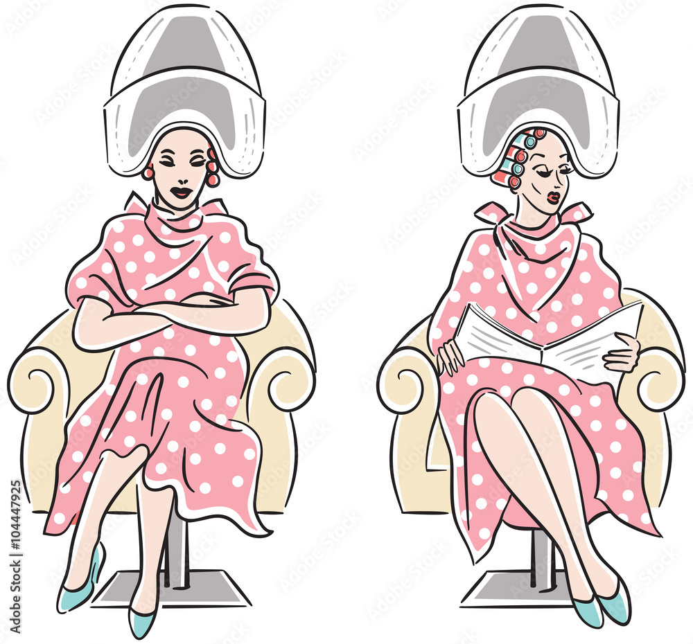 Retro Line Art Drawing Of Two Women With Hair Rollers Sitting Under Vintage Hairdryers At The Hair Salon Isolated On White Background Stock Vector Adobe Stock Retro Line Art Drawing Of Two Women With Hair Rollers Sitting Under Vintage Hairdryers At The Hair Salon Isolated On White Background Stock Vector Adobe Stock
