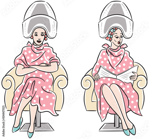 Retro line art drawing of two women with hair rollers sitting under vintage hairdryers at the hair salon. Isolated on white background