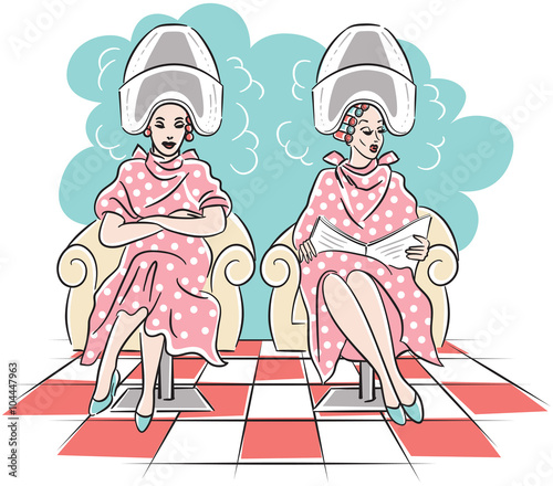 Retro vector line art drawing of two women with hair rollers sitting under vintage hairdryers at the hair salon