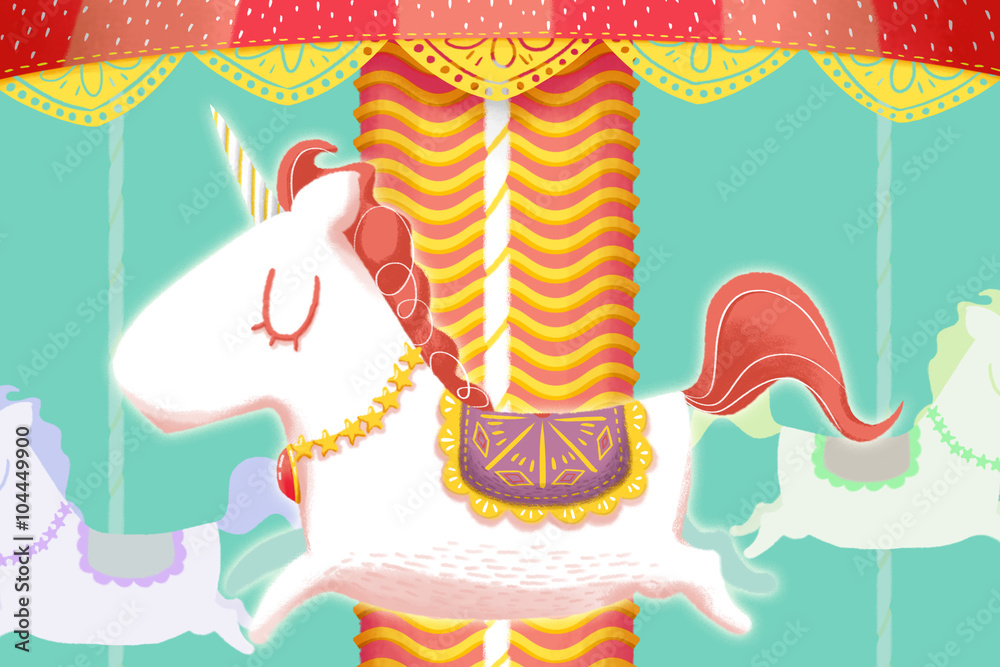 Obraz premium Creative Illustration and Innovative Art: Unicorn Merry Go Round Wooden Horses. Realistic Fantastic Cartoon Style Artwork Scene, Wallpaper, Story Background, Card Design 