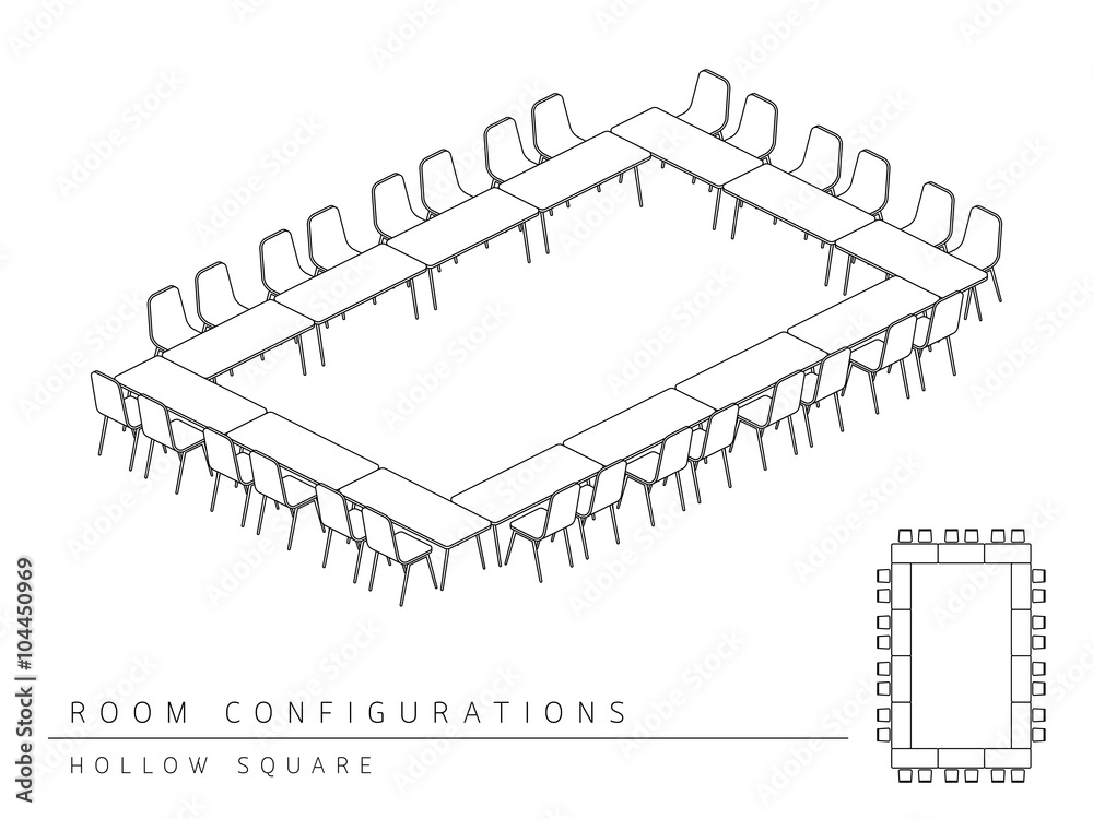 Meeting room setup layout configuration Hollow Square isometric style