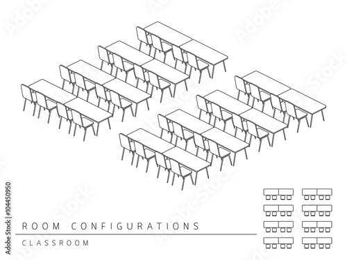 Meeting room setup layout configuration Classroom isometric style, perspective 3d with top view illustration outline black and white color