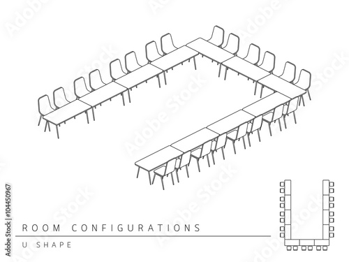 Meeting room setup layout configuration U Shape isometric style, perspective 3d with top view illustration outline black and white color