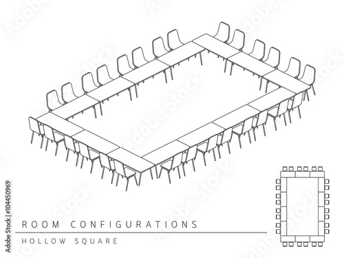 Meeting room setup layout configuration Hollow Square isometric style, perspective 3d with top view illustration outline black and white color