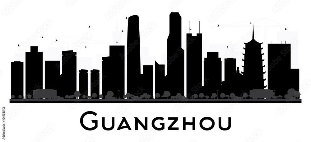 Guangzhou City skyline black and white silhouette.