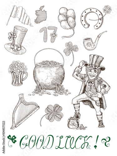 Hand drawn vector set with patricks day symbols