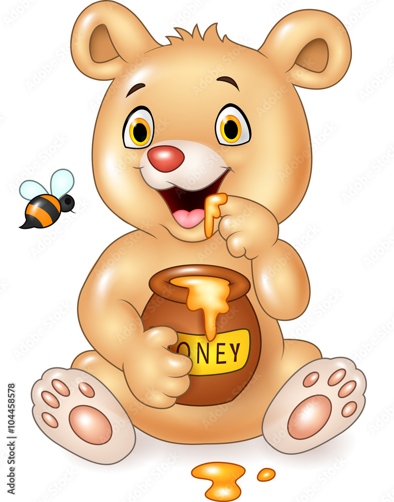 Fototapeta premium Cartoon funny baby bear holding honey pot isolated on white background