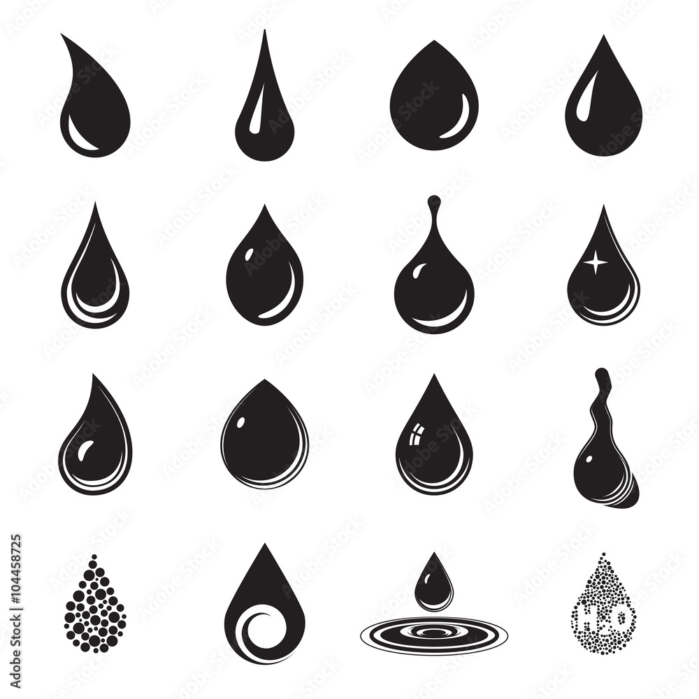 Drop icons. Drop, aqua, fluid symbols. Black drop icons isolated Drop icons. Drop, aqua, fluid symbols. Black drop icons isolated