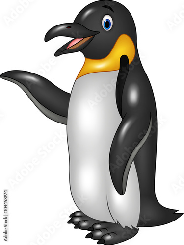 Cute funny emperor penguin presenting isolated on white background