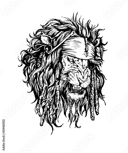 Vector hand drawn realistic lion-pirate character.