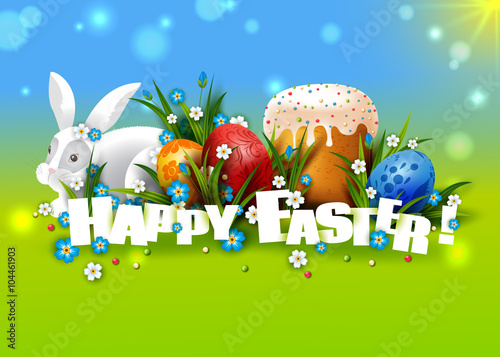 Template with Easter eggs, rabbit and cake
