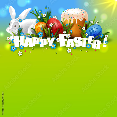 Template with Easter eggs, rabbit and cake