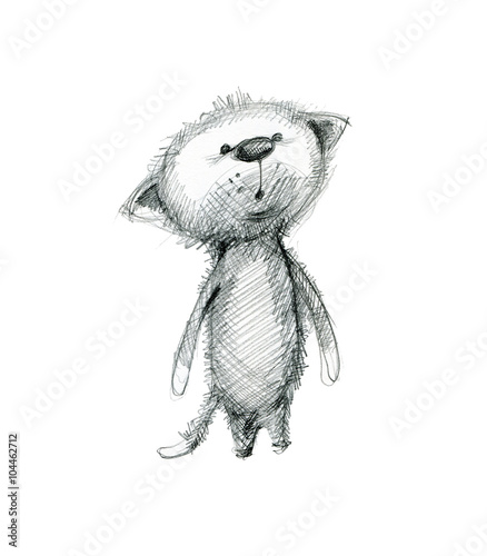 Cute surprised kitten. Hand drawing sketch on white background.