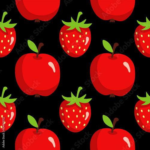 Seamless pattern with cartoon apples and strawberries 