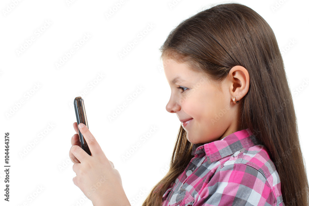 sweet and beautiful little girl playing with phone on white isolated background sweet and beautiful little girl playing with phone on white isolated background