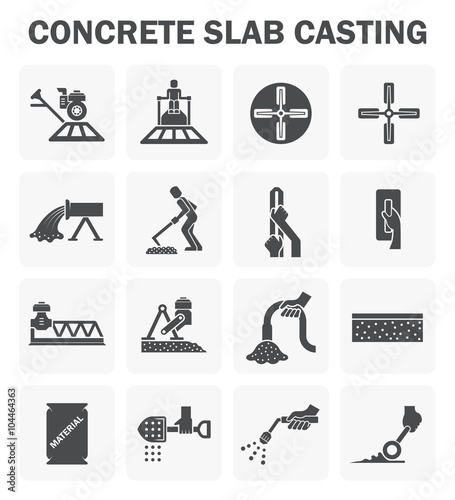 Concrete slab and epoxy floor finishing construction and repair vector icon set consist of worker, machine equipment i.e. power trowel to casting, screed, grinding and leveling by builder, contractor.