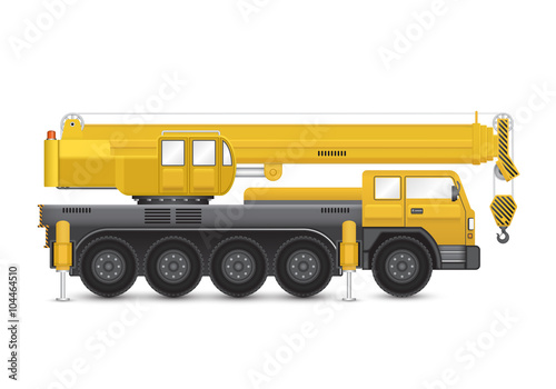Mobile crane vector design. Industrial machine equipment or vehicle with hoist, hook, rope and hydraulic telescopic boom for service, erection and lifting heavy load in building construction site.