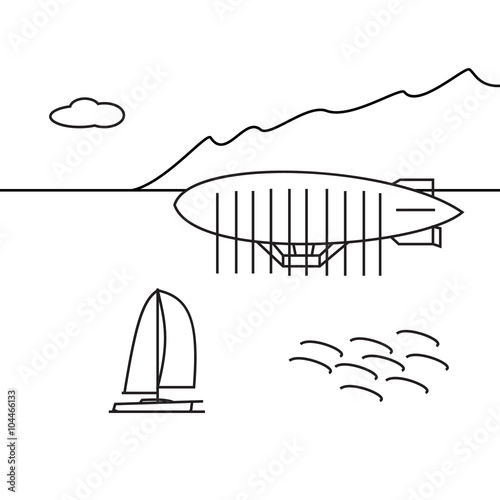 Image of outline aerostat, trees, mountain