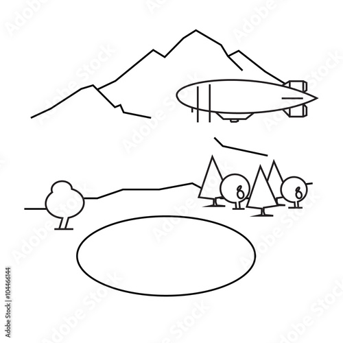 Image of outline aerostat, trees, mountain