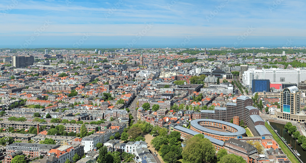 High angle view of The Hague from the panoramic terrace on the 42nd floor of Het Strijkijzer skyscraper, Netherlands 
