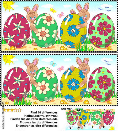 Easter themed visual puzzle: Find the ten differences between the two pictures with painted eggs and bunnies. Answer included.
