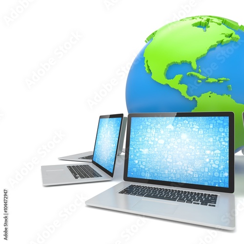 Laptop network around earth globe. 3d render