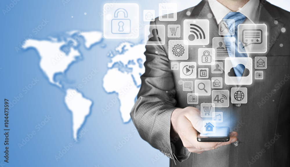 Business man using smart phone with social media icon set Business man using smart phone with social media icon set