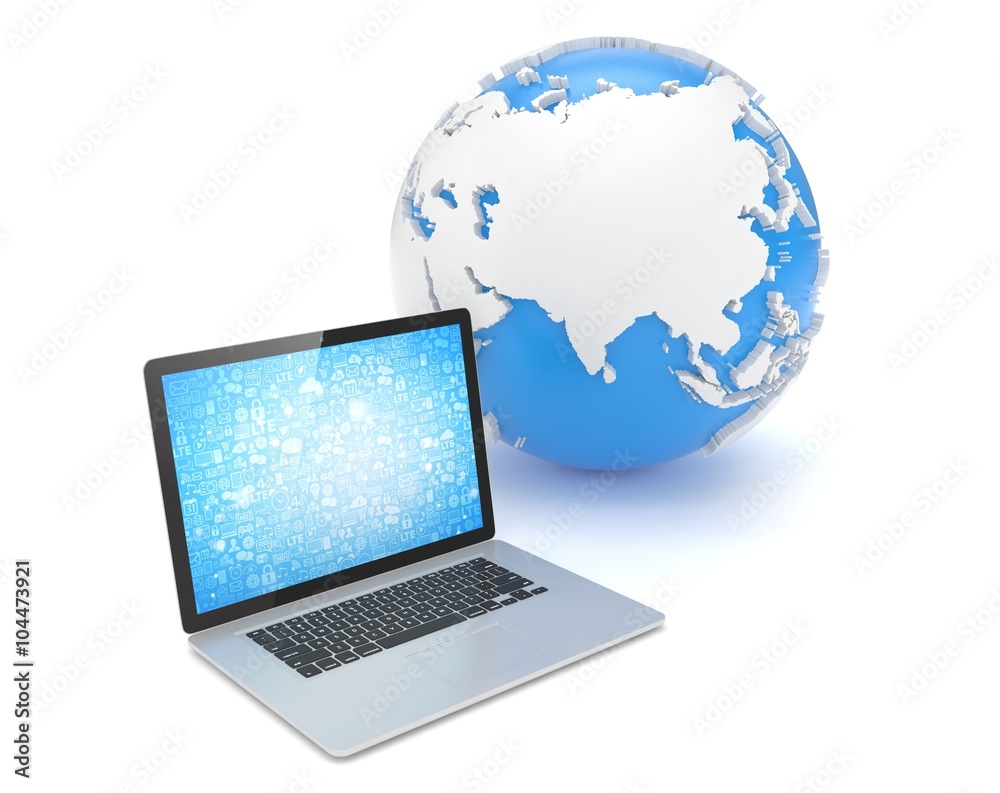 Laptop network and earth globe. 3d render Laptop network and earth globe. 3d render