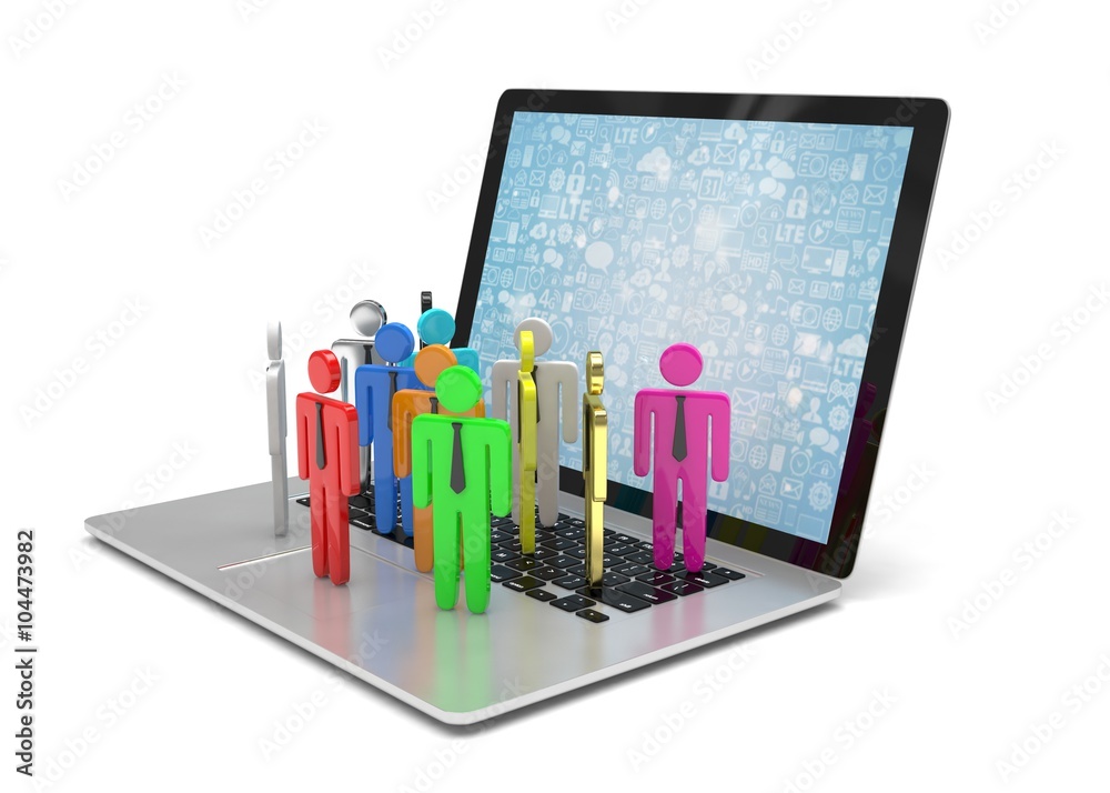 Fototapeta premium group of people figures on laptop, 3d render