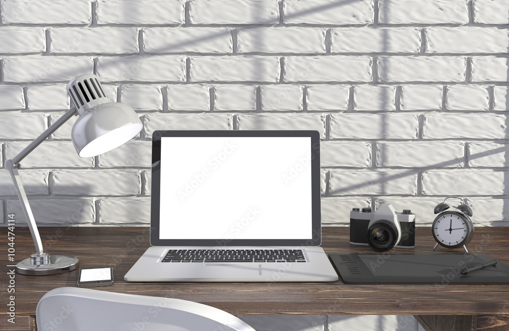 3D illustration laptop and work stuff on table near brick wall, Workspace 3D illustration laptop and work stuff on table near brick wall, Workspace