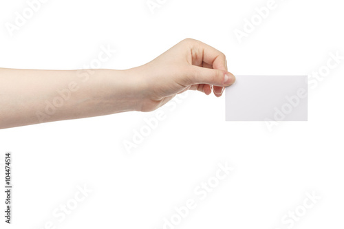 young female hand hold blank white paper card, isolated on white