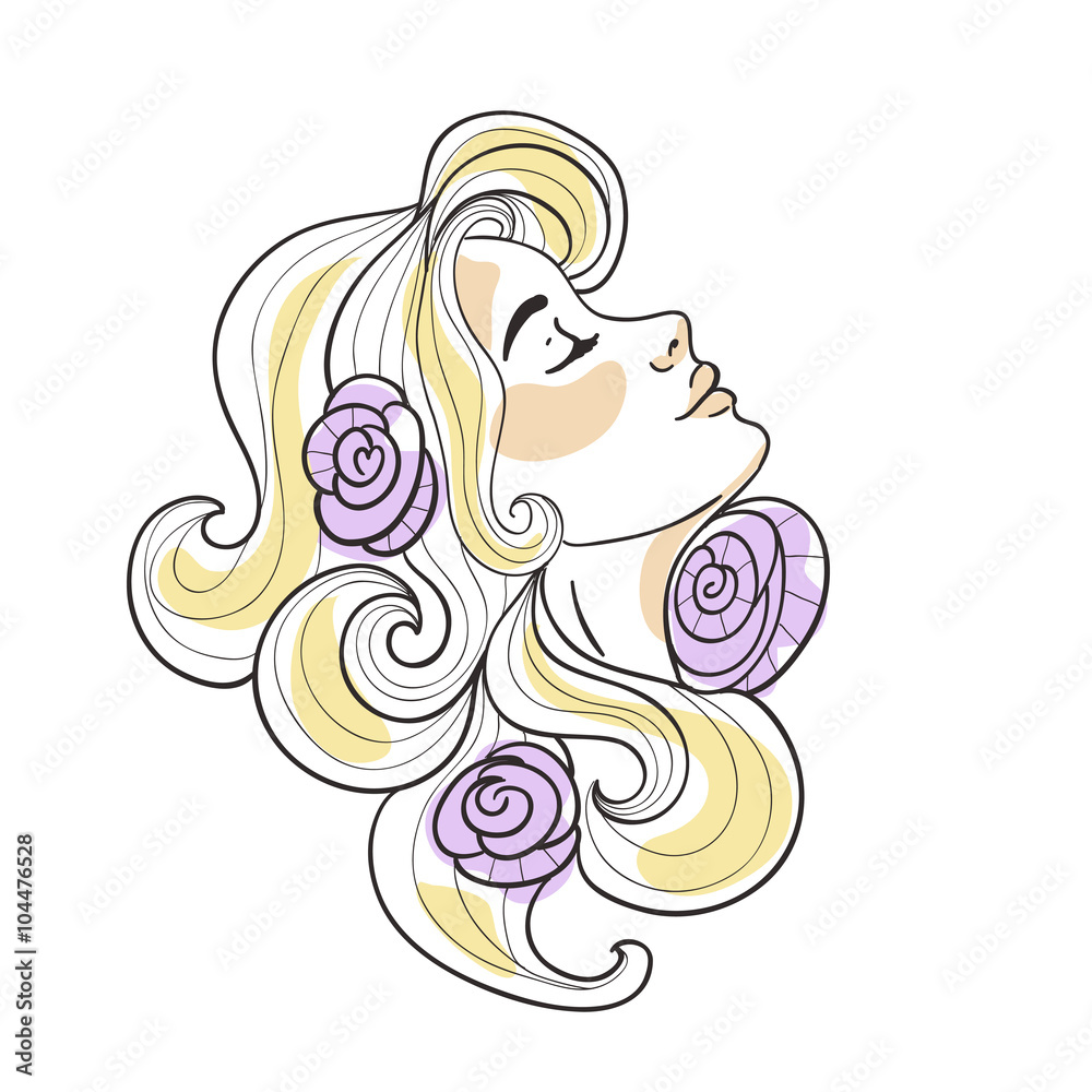 Blonde girl with roses in her hair. Vector illustration on the white background.