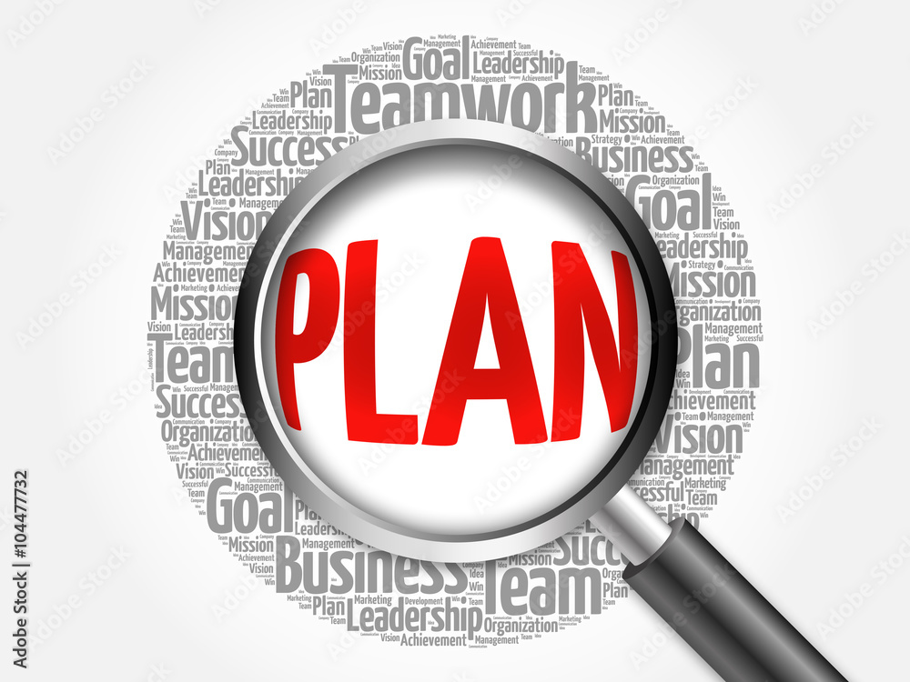 PLAN word cloud with magnifying glass, business concept PLAN word cloud with magnifying glass, business concept