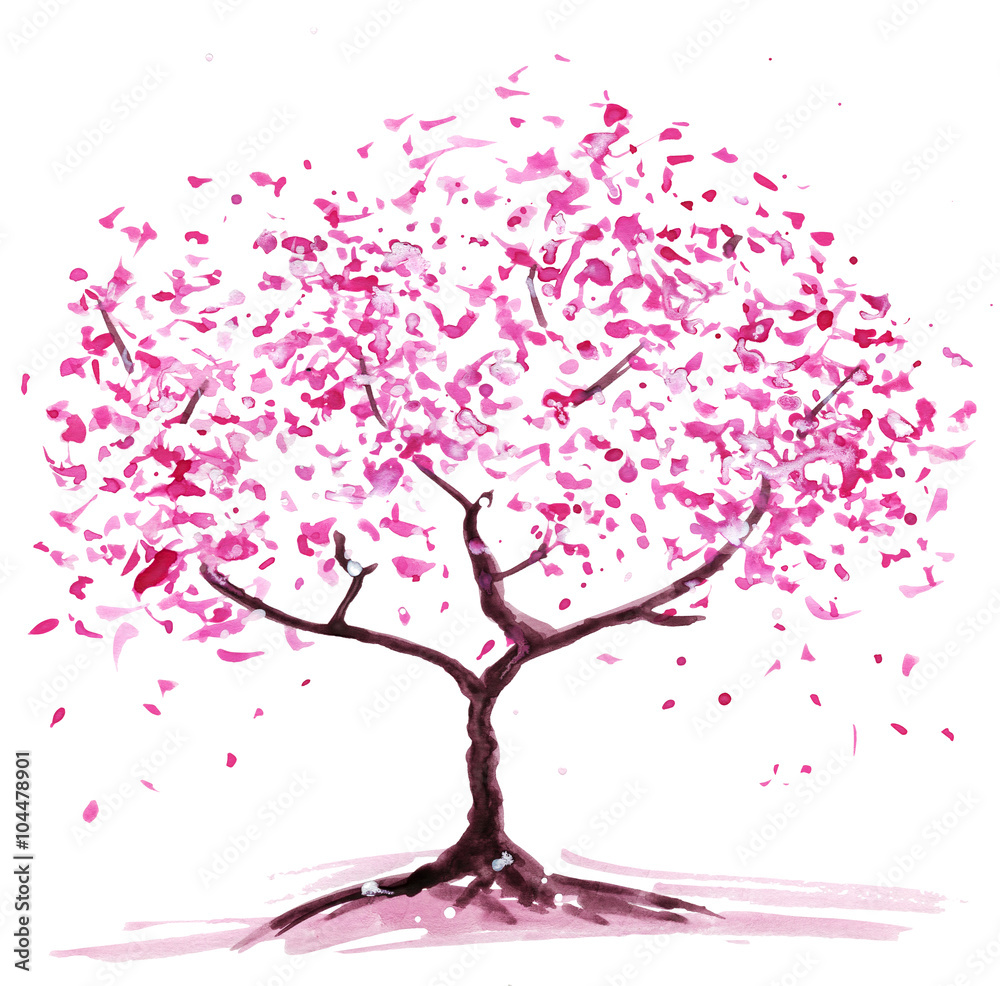 Abstract flowering tree. Watercolor painting, the color pink. Isolated on  white background Stock Illustration | Adobe Stock